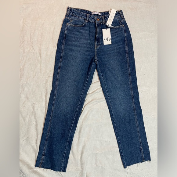 NWT Zara Straight Fit Super High Rise Long Length Rigid Dark Blue Jeans - Picture 2 of 11